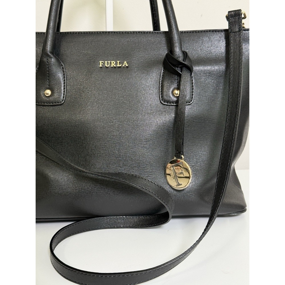 Furla Black Saffiano Leather Top Handle Tote Bag with Crossbody Shoulder Strap - Picture 2 of 12